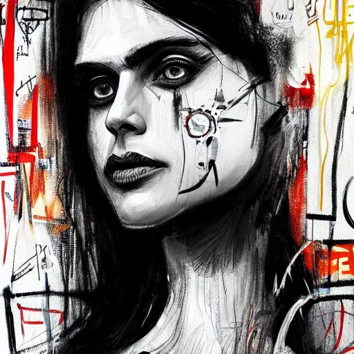 Prompt: a sketch, ultra detailed, mystical travel, magic, universe, beautiful woman, similar to alexandra daddario, surreal city, in style of jean - michel basquiat, trending on artstation