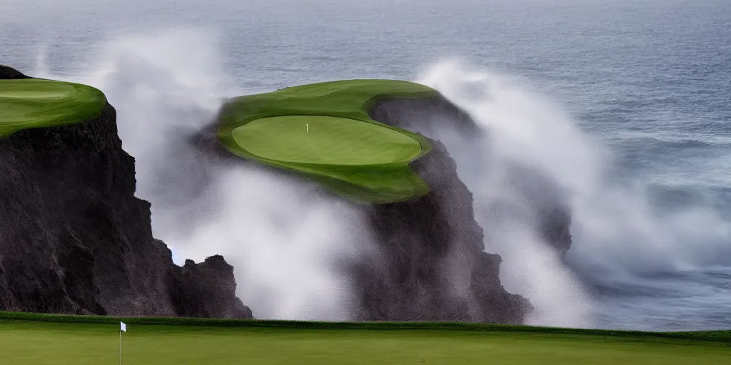 Prompt: a great photograph of the most amazing golf hole in the world complete surrounded by water, huge waves crash against the cliffs, perfect light, ambient light, 5 0 mm, golf digest, top 1 0 0, fog