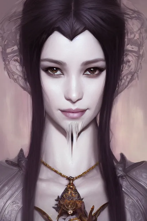 Image similar to !dream Portrait of beautiful smiling Ultra realistic illustration, beautiful alluring female dark elf woman, prioress, fantasy, intricate, elegant, highly detailed, digital painting, artstation, concept art, smooth, sharp focus, illustration, art by Yintion J , Jiang Geping and artgerm and greg rutkowski and alphonse mucha.