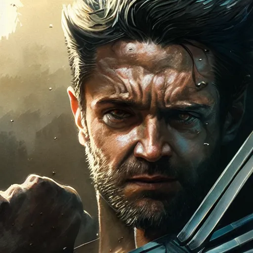 Image similar to portrait of X-Force Wolverine, amazing splashscreen artwork, splash art, head slightly tilted, natural light, elegant, intricate, fantasy, atmospheric lighting, cinematic, matte painting, by Greg rutkowski