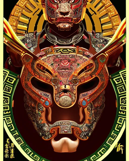 Image similar to portrait of a mayan masculine male cyberpunk jaguar warrior, machine face, upper half portrait, decorated with chinese opera motifs, muscular, asian, fine china, wuxia, traditional chinese art, intricate intense elegant, highly detailed symmetry headpiece digital painting artstation concept art smooth sharp focus illustration, art by moebius and frank miller alphonse mucha 8 k