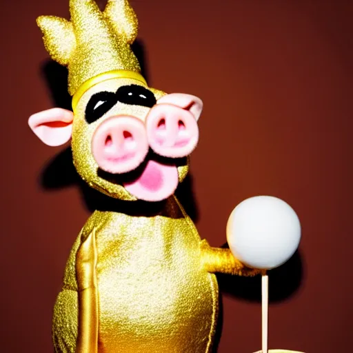 Image similar to studio photograph of a pig wearing a gold crown depicted as a muppet cooking