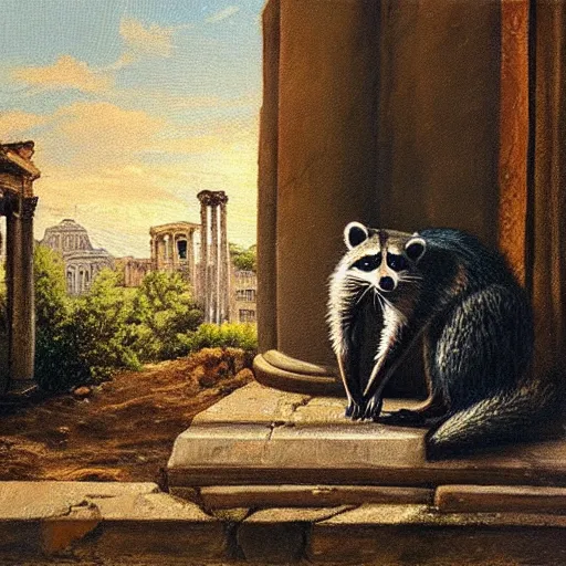 Prompt: a raccoon in a ancient roman city, oil painting