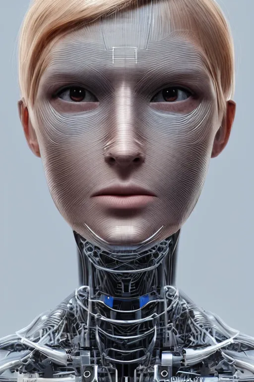 Image similar to robot with human face, female head, full body angle, woman human face, human face realistic, beautiful blonde hair, human head, human head with blonde hair, blonde hair human head, blonde hair, human realistic face, human head skin, cyborg frame concept, cyborg by ales-kotnik, sci-fi android female, the body is made of wires, robotic body, cyborg body, cyborg bust body, robot body cyborg, full body