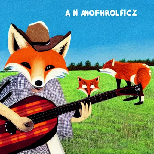 Image similar to a female fluffy anthropomorphic fox animal, wearing cowboy hat, wearing plaid shirt, playing guitar, in a field, barn in background, album cover style