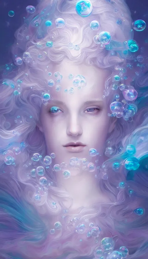 Prompt: portrait of magical ghost triton, ethereal , cloudy, transparant, gradient white cyan, dreamy and ethereal, (colour) eyes, peaceful expression, ornate frilly dress, fantasy, intricate, elegant, rainbow bubbles, highly detailed, digital painting, artstation, concept art, smooth,b sharp focus, illustration, art by artgerm and greg rutkowski and alphonse mucha