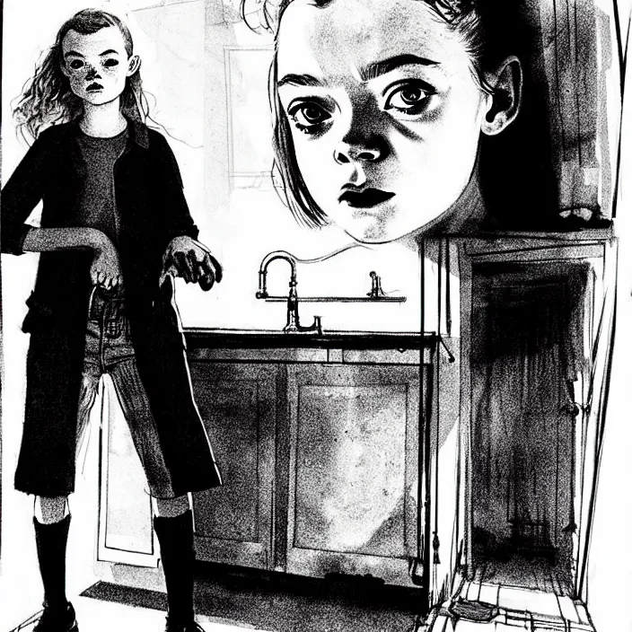 Prompt: [ sadie sink in dirty workmen clothes comes in ] [ a very dark dingy 1 9 6 0 s house ]. technique : black and white pencil and ink. by gabriel hardman, joe alves, chris bonura. cinematic atmosphere, detailed and intricate, perfect anatomy