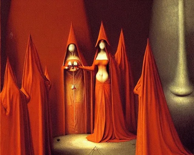 Image similar to devotion to the scarlet woman, priestess in a conical hat, coronation, ritual, sacrament, by francis bacon, beksinski, bosch, mystical redscale photography, opulence, luxury, maximalism.