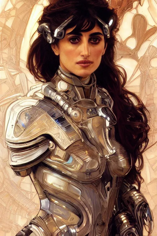 Image similar to an ultradetailed portrait of penelope cruz in detailed futuristic sci - fi armor, intricate, elegant, highly detailed, digital painting, matte, sharp focus, illustration, art by john collier and albert aublet and krenz cushart and artem demura and alphonse mucha