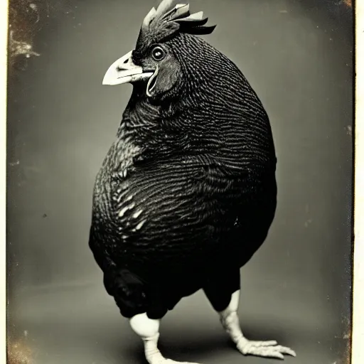 Prompt: Tintype photograph of chonky black chicken as an overweight subject. 1990s studio lighting.