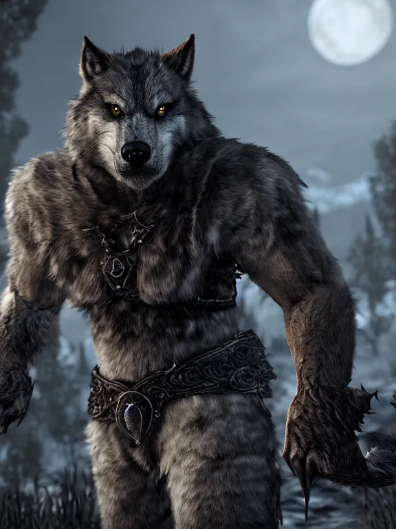 Image similar to cute handsome cuddly burly surly werewolf from van helsing unreal engine hyperreallistic render 8k character concept art masterpiece screenshot from the video game the Elder Scrolls V: Skyrim