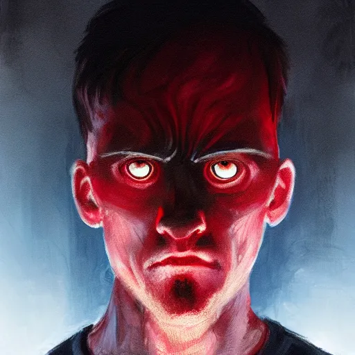 Prompt: head and shoulders view of man looking down to the side angry scowling glowing red eyes intmidating concept art painting ryan church dark moody lighting