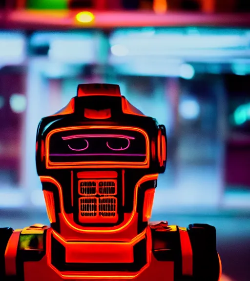 Image similar to portrait of robot lowlight neon lights, cinematic,4k,35mm,street photo, epic