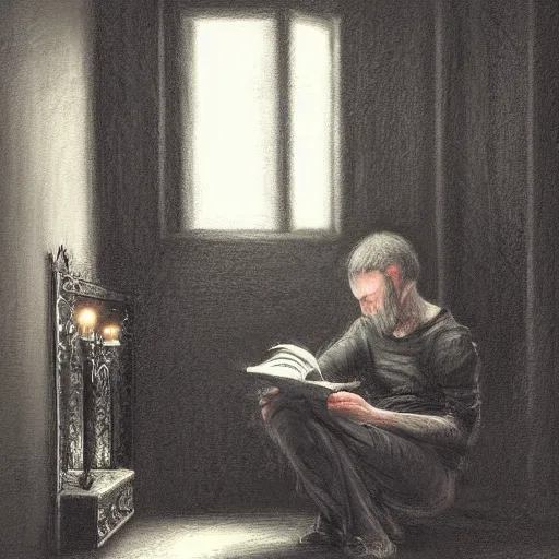 Prompt: A man sits in a dark and gloomy room, the only light is a flickering jittery candle, he writes by the candle in a journal, in a gothic and atmospheric style, artstation digital art, trending on artstation, artstationHQ, artstationHD.