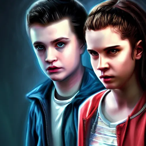 Image similar to Twilight version of Stranger Things, Portrait of Edward and Bella, photorealistic, dramatic lighting, soft, sharp focus, highly detailed, digital painting