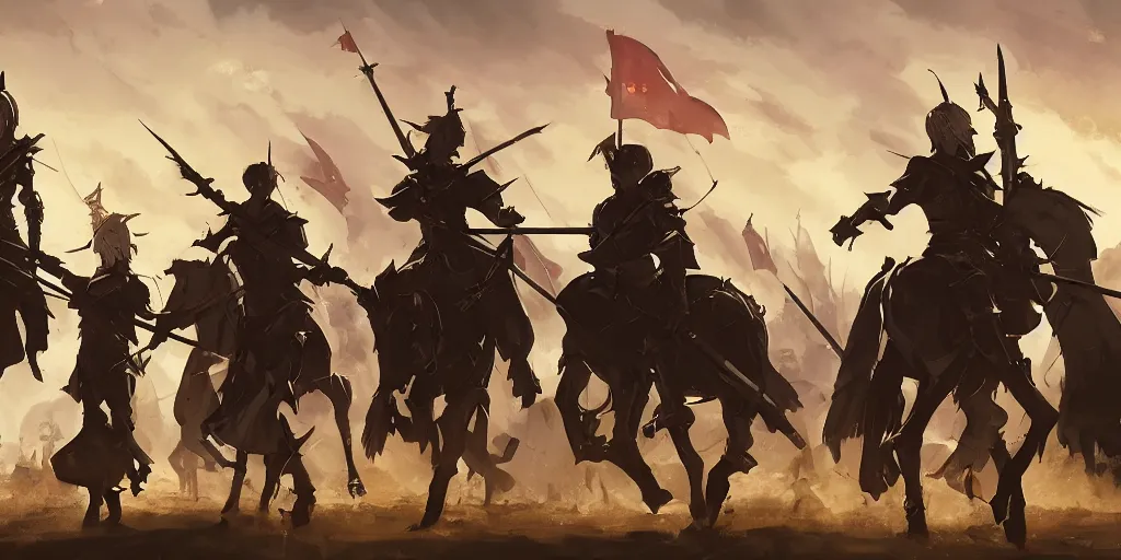 Image similar to army of powerful medieval knights holding spears and flags on horses by makoto shinkai, fire emblem, anime, nier automata environment concept artstyle, greg rutkowski and krenzcushart