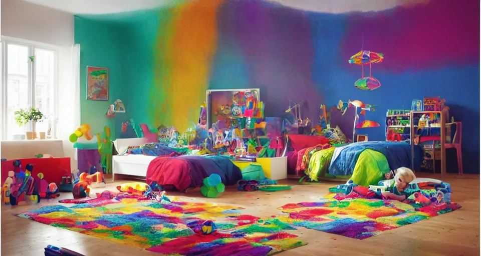 Image similar to IKEA catalogue photo, colorful children's bedroom, rainbow, toys, mayhem, pictures on walls, organic, by Beksiński