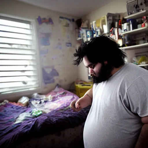 Image similar to obese 20 year old with messy black hair and big beard eats mayonnaise straight out of the jar with his bare hands on his bed in his disgusting room. There is trash and mold everywhere on the floors and walls of his room, and there are stains of mayonnaise all over his body and room from his messy eating, hyperrealistic, 4k, wide shot