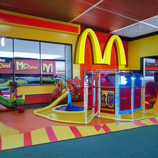 Image similar to photograph of a mcdonalds playplace inside a pacific northwest forest