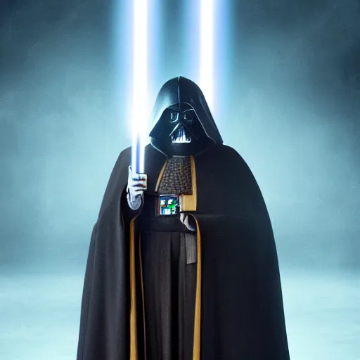 Image similar to pope benedict wearing sith cloak as chancelor palpatine in star wars episode 3, 8 k resolution, cinematic lighting, anatomically correct