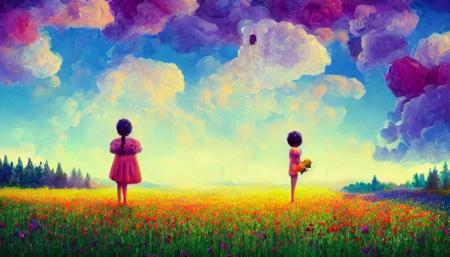 Image similar to girl with a giant flower head, surreal photography, dream, standing in flower field, hills, big trees, sunrise dramatic light, impressionist painting, colorful clouds, digital painting, pointillism, artstation, simon stalenhag, flower face