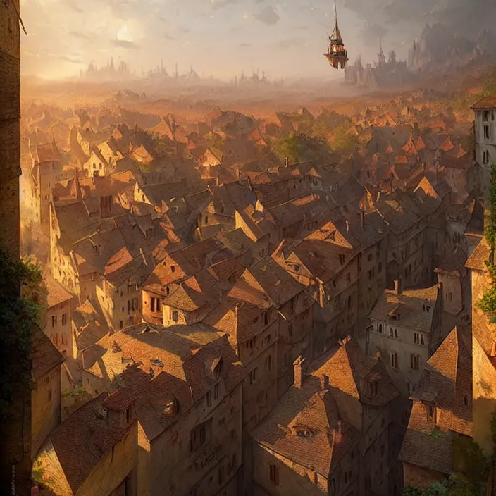 Image similar to matte painting by marc simonetti, jonathan solter, greg rutkowski of a small village, masterpiece, cinematic, hyperdetailed, photorealistic, hyperrealism, architecture, aerial view,