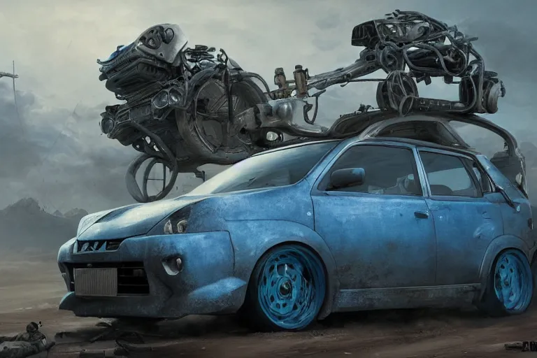 Prompt: a Nissan Tiida, in Mad Max style, coriolios rpg art style, full of details, dark sci-fi, cold blue colors, matte painting, artstation, 8k, hyperrealistic, style of peter mohrbacher