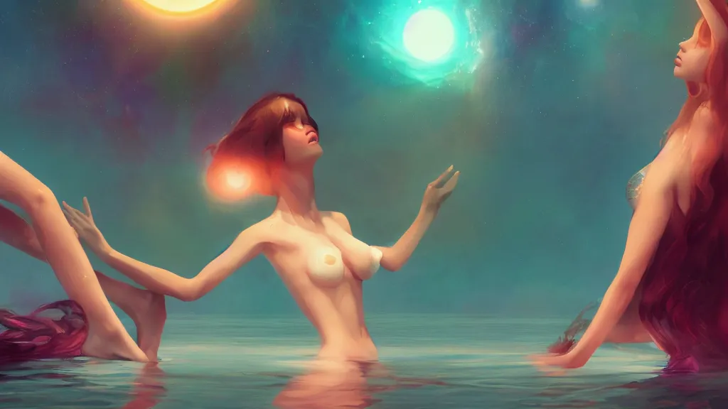 Image similar to beautiful seductive women standing in a lake reaching for the sky, underneath a multi-colored binary blackhole with an accretion disc, by Lois van Baarle, by Greg Rutkowski, by artgerm, by beeple, cinematic angle, volumetric lighting, 4k resolution, octane render, trending on artstation