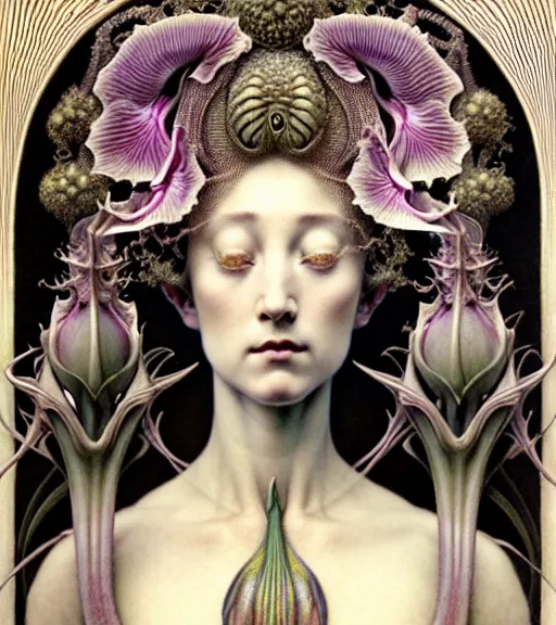 Prompt: beautiful young orchid queen detailed realistic porcelain face portrait by jean delville, gustave dore, iris van herpen and marco mazzoni, art forms of nature by ernst haeckel, art nouveau, symbolist, visionary, gothic, neo - gothic, pre - raphaelite, fractal lace, intricate alien botanical biodiversity, surreality, hyperdetailed ultrasharp octane render