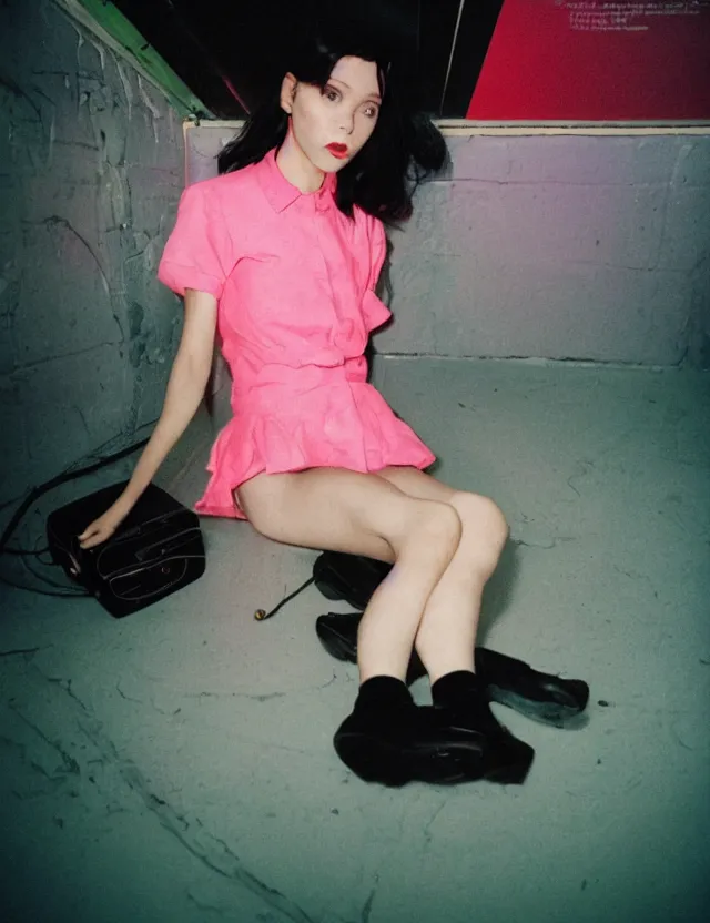 Image similar to portrait school girl with black hair and a strong grange makeup sitting on a floor in a subway, neon light, wide angle coloured polaroid photograph with flash, kodak film stock, hyper real, stunning moody cinematography, with anamorphic lenses, by maripol, fallen angels by wong kar - wai, style of suspiria and neon demon, detailed