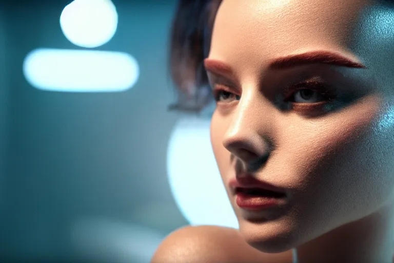 Prompt: VFX movie of a futuristic robot closeup portrait in living room, beautiful natural skin neon lighting by Emmanuel Lubezki