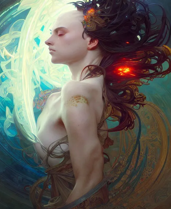 Image similar to a whirlwind of souls ushing inside the metaverse, half body, glowin eyes, d d, fantasy, intricate, elegant, highly detailed, colorful, vivid color, digital painting, artstation, concept art, art by artgerm and greg rutkowski and alphonse mucha and ruan jia