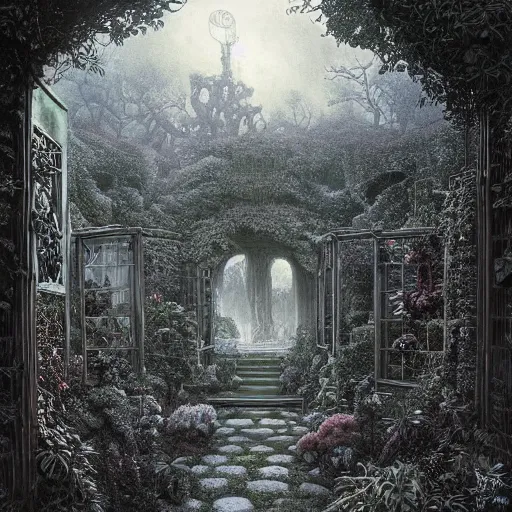 Prompt: A beautiful garden in the style of H. P. Lovecraft with a greenhouse, a corpse plant, a giant venus flytrap and some shrubs and trees by Gustave Dore and Ferdinand Knab