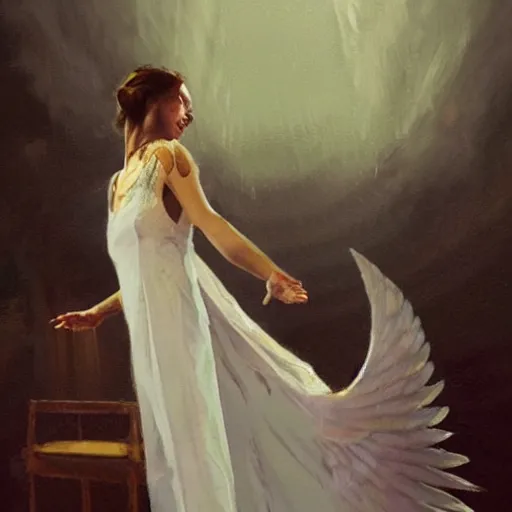 Image similar to Painting by Greg Rutkowski, an opera singer in a white dress with wings on stage