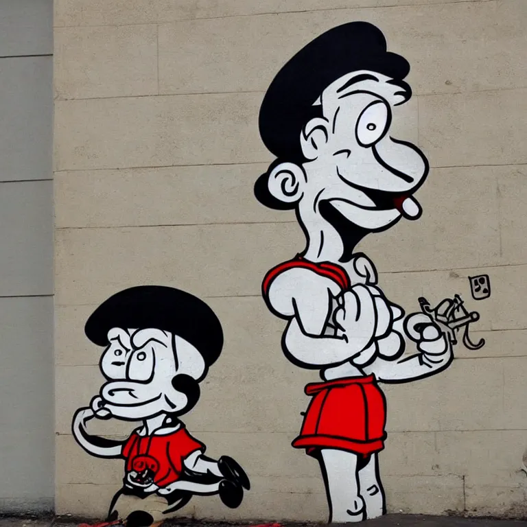 Image similar to Street-art portrait of Popeye the Sailor with the squinting (or entirely missing) right eye, huge forearms with two anchor tattoos, skinny upper arms, and corncob pipe. in style of Banksy, comic character, photorealism