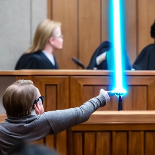 Image similar to a lightsaber battle between two lawyers in a courtroom, photograph, 8k, professional