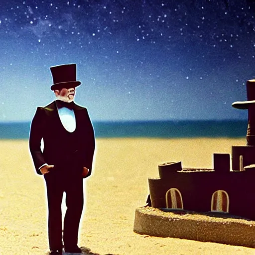 Prompt: the godfather wears a top hat and smiles. 5 0 mm, cinematic, technicolor, very realistic. sea and beach and a sandcastle in the background. dark night sky with a lot of stars