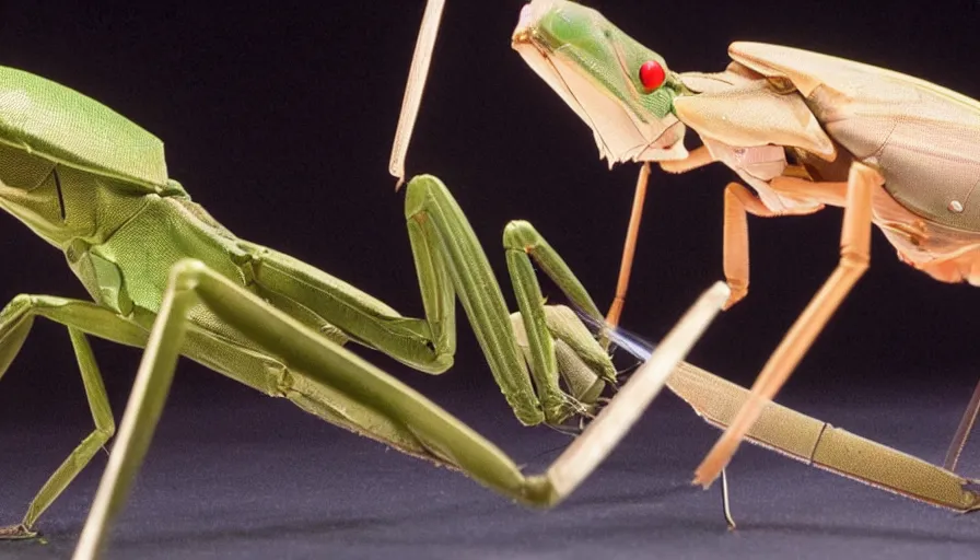 Image similar to big budget science fiction movie about an armored praying mantis with lasers shooting from its eyes