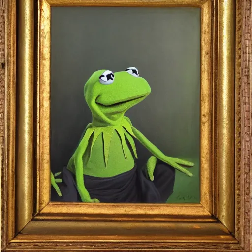 Image similar to photorealistic kermit the frog in an 1 8 5 5 painting by elisabeth jerichau - baumann. painting, oil on canvas