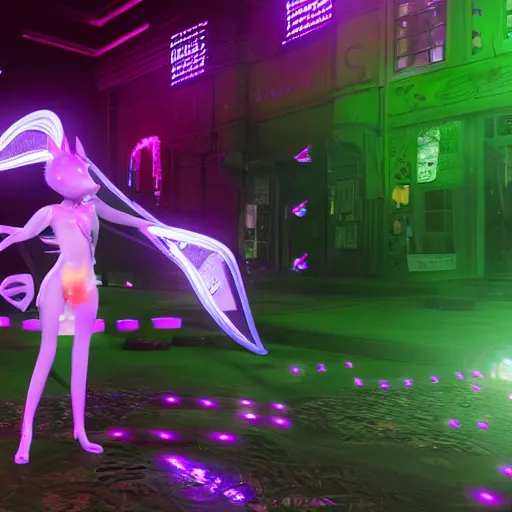 Image similar to neon fluorescent, iridescent cute bunny rabbits with fairy wings cyperpunk 2 0 7 7, unreal engine 5, 8 k ultra realistic, hyperdetailed, volumetric lighting, extremely high quality