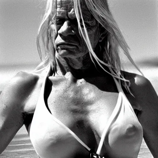 Prompt: Klaus Kinski is a bikini model, location is Mallorca , medium shot, high quality photography, hyper detailed, hyper realistic