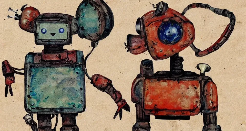 Image similar to a cute retro robot dog. alcohol inks on parchment, muted colors, detailed, textured parchment background, 1 9 5 0 s concept art
