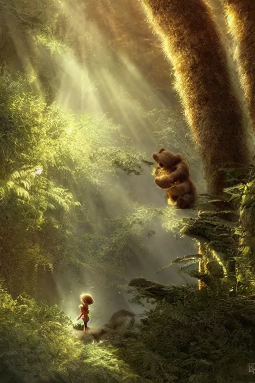 Image similar to mean fluffy teddybear protecting girl in a forest with rays of light coming through the canopy, masterpiece, dystopian, sci-fi, extremely detailed, digital painting, sculpted in zbrush, artstation, concept art, smooth, sharp focus, illustration, chiaroscuro lighting, golden ratio, incredible art, artgerm, greg rutkowski, alphonse mucha, simon stalenhag, carravaggio