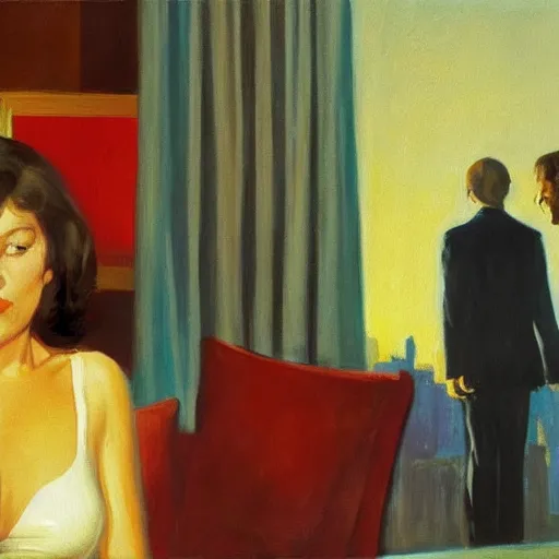 Prompt: hollywood babylon, on the qt, scandal sheet, painting by edward hopper and eric fischl