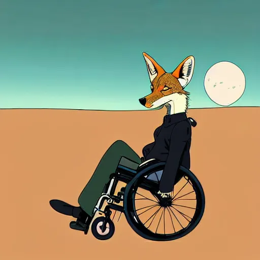 Image similar to a study of cell shaded cartoon of a jackal in a wheelchair from howl's moving castle ( 2 0 0 4 ) on a desert road, in front of a big moon, full body, wide shot, very muted colors, post grunge, studio ghibli, laurie greasley, highly detailed, deviantart, art by artgem