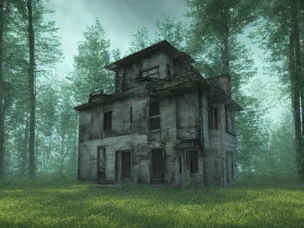 Image similar to architectural visualization of an abandoned house in a forest, 3d rendering, 4k, volumetric lighting, realistic