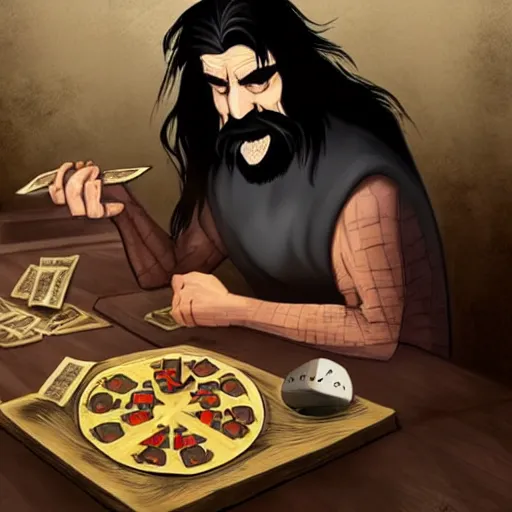 Prompt: a grumpy old danish man with long black hair eating pizza while DMing an AD&D game, D&D, rogue, dark hair, skinny, middle aged, D&D dice on table, papers on table, character sheets on table, natural lighting, black hair