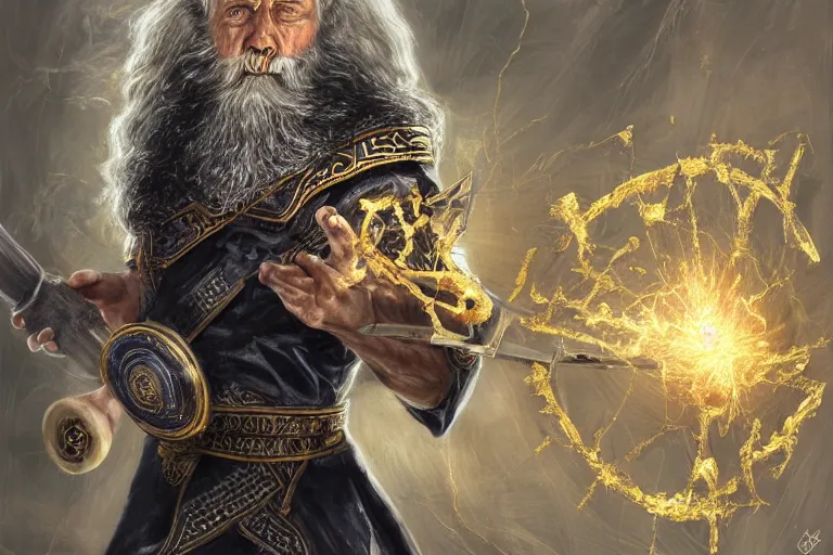 Image similar to odin all father supreme God of thunder and smithing and artificial intelligence creating an artificial neural network with gold synapses on an anvil with his mighty hammer, high resolution, award winning art, trending on art station, sharp image, incredibly detailed, detailed character, realistic painting, hyperrealistic painting