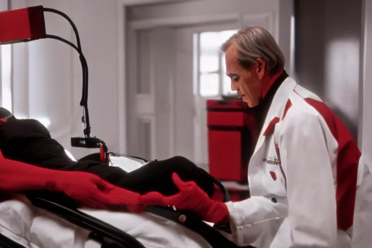 Image similar to a scene from the movie dead ringers with jeremy irons, dark cinematic lighting, heavy black and red color contrast, medical equipment, movie directed by wes craven