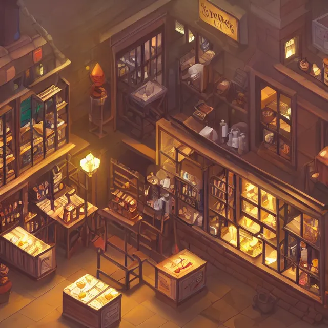 Prompt: an isometric digital painting of a cosy medieval apothecary shop, volumetric lighting, digital art, isometric, artstation hd